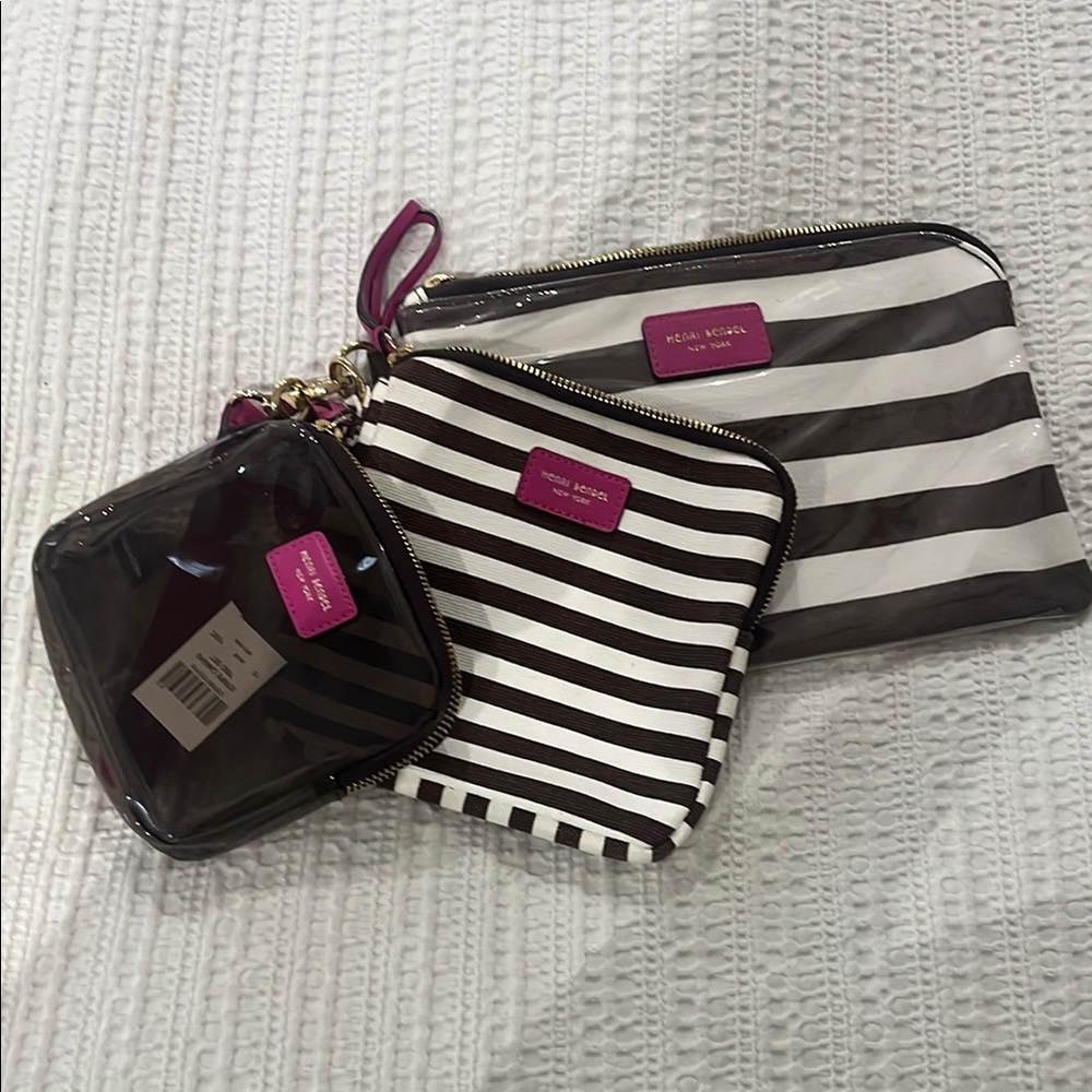 Henri Bendel Brown & White Striped Cosmetic Pouch Set with Pink Logo Tabs